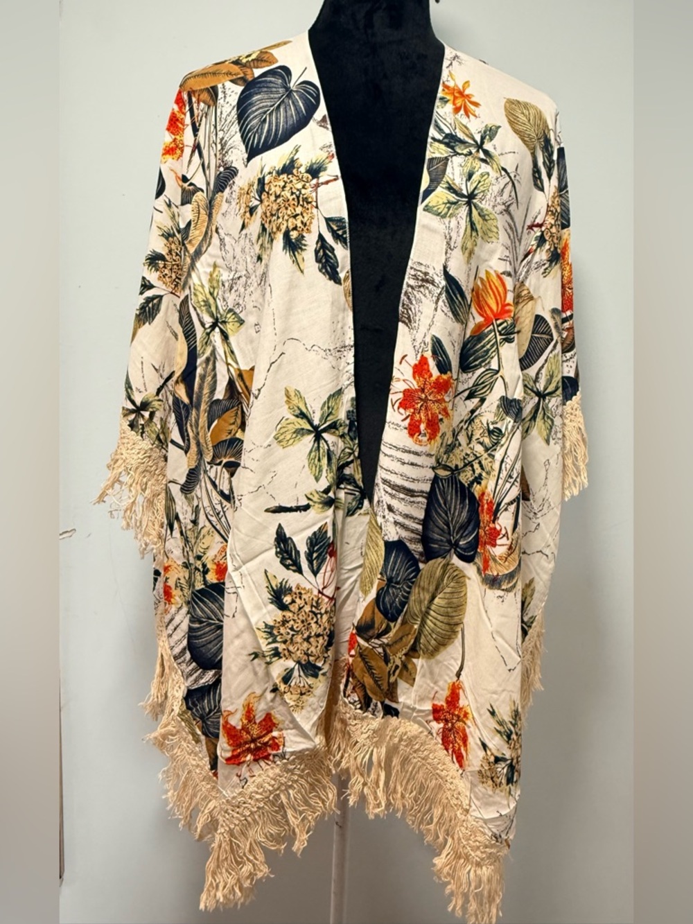 Botanical Fringe Open-Front Kimono - Cream Floral